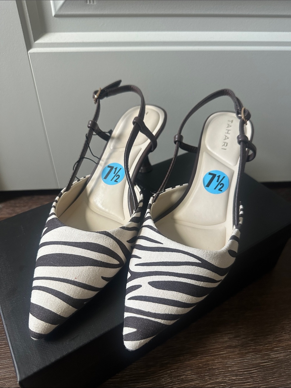 Tahari Brown & White Zebra-Print Slingback Pointed Heels